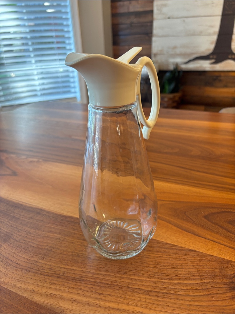 Vintage Log Cabin Glass Syrup Carafe with Plastic Handle